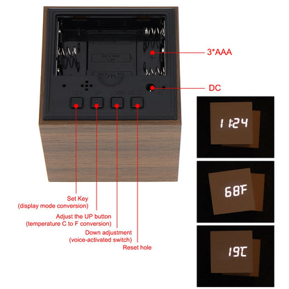 Despertador LED De Madeira Quadrado Para Mesa Com Voz