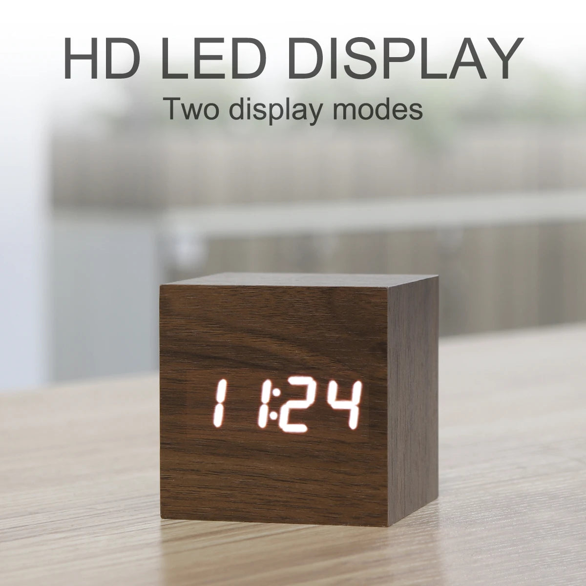 Despertador LED De Madeira Quadrado Para Mesa Com Voz