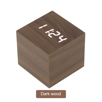 Despertador LED De Madeira Quadrado Para Mesa Com Voz