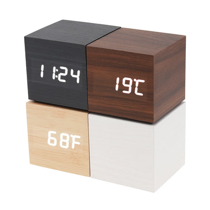 Despertador LED De Madeira Quadrado Para Mesa Com Voz