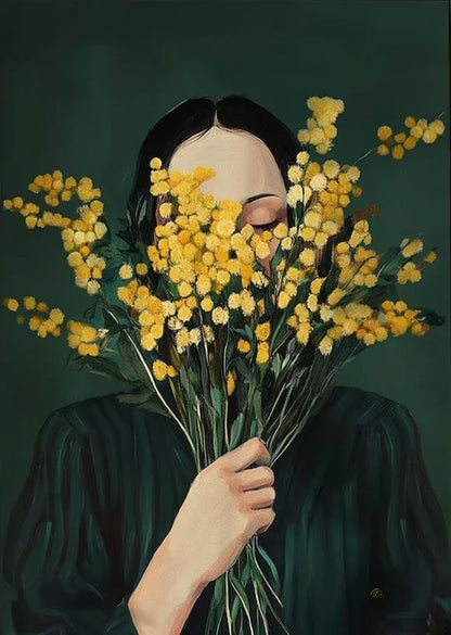 Quadro Em Tela Sem Moldura Abstrato Mulher Com Flores Para Sala Minimalista Nordic