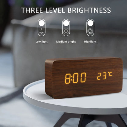 Despertador Digital LED Madeira para Mesa com Voz