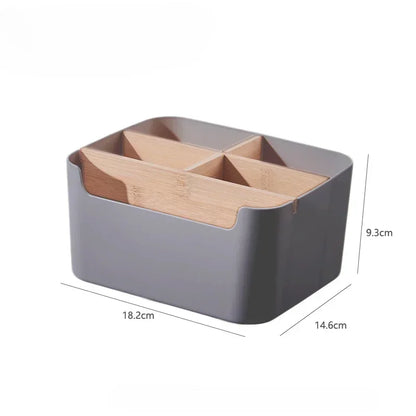 Organizador De Mesa Multifuncional Em Bambu Sustentavel Com Compartimentos Para Cosmeticos E Papelaria