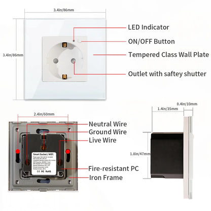 Tomada Inteligente WiFi de Parede CompatívelComAssistentesVirtuais PainelVidro Elegante