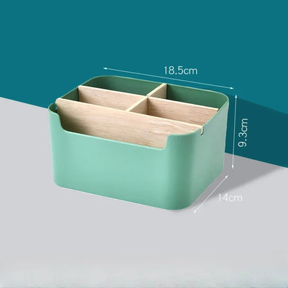 Organizador De Mesa Multifuncional Em Bambu Sustentavel Com Compartimentos Para Cosmeticos E Papelaria