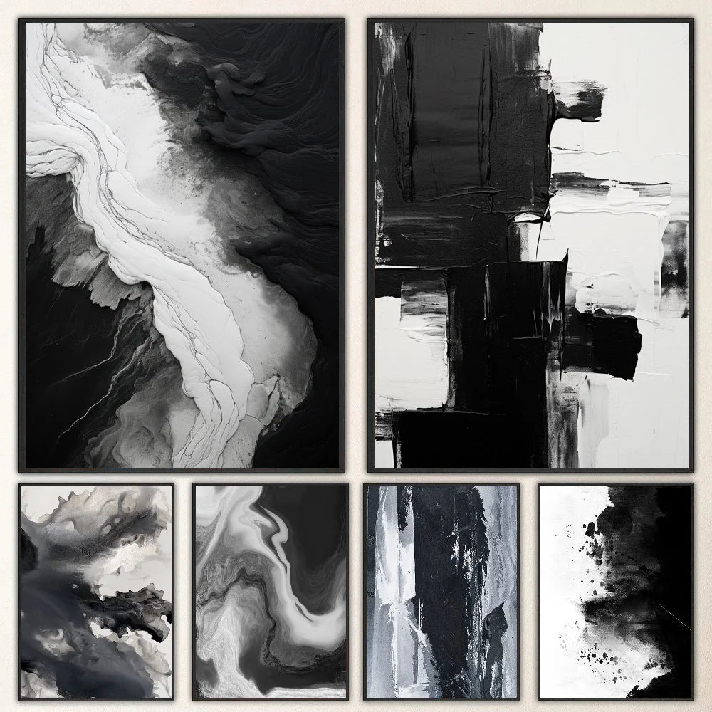 Pintura Abstrata em Tela Estilo Mármore Preto e Branco Minimalista para Decoração de Sala