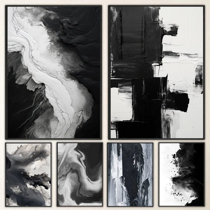 Pintura Abstrata em Tela Estilo Mármore Preto e Branco Minimalista para Decoração de Sala