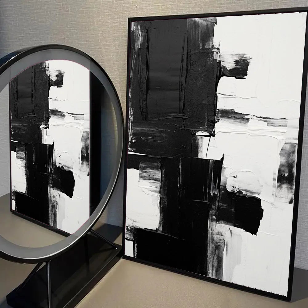 Pintura Abstrata em Tela Estilo Mármore Preto e Branco Minimalista para Decoração de Sala
