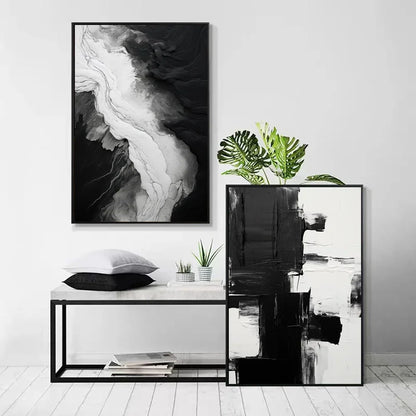 Pintura Abstrata em Tela Estilo Mármore Preto e Branco Minimalista para Decoração de Sala