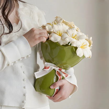 Vaso Cerâmica Rosa Em Flor Para Mesa Decorativo