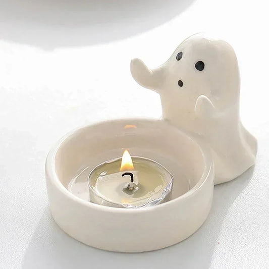 Castiçal Fantasma Decorativo para Halloween com Iluminação Suave e Acabamento Metálico