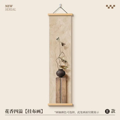 Pintura Decorativa Vertical Estilo Chinês Zen em Tecido Mural de Parede Premium