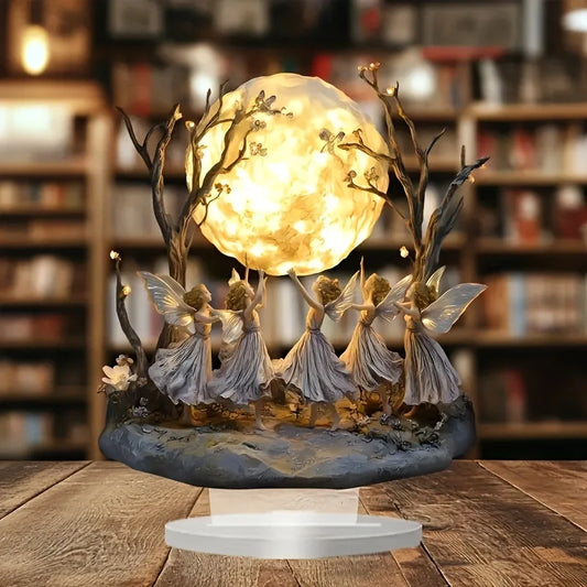 Ornamento Decorativo de Mesa Fadas Dançando sob a Lua Estilo Retrô em Plástico Resistente com Brilho Alegre