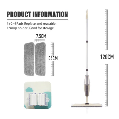 Mop Spray Multifuncional Com Esfregões Planos Microfibra Reutilizável
