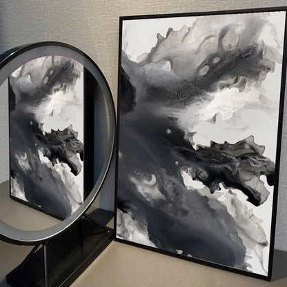 Pintura Abstrata em Tela Estilo Mármore Preto e Branco Minimalista para Decoração de Sala