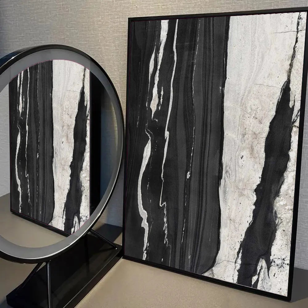 Pintura Abstrata em Tela Estilo Mármore Preto e Branco Minimalista para Decoração de Sala
