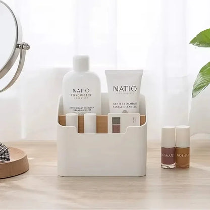 Organizador De Mesa Multifuncional Em Bambu Sustentavel Com Compartimentos Para Cosmeticos E Papelaria