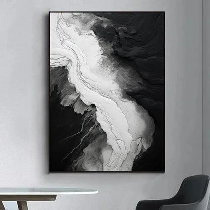 Pintura Abstrata em Tela Estilo Mármore Preto e Branco Minimalista para Decoração de Sala