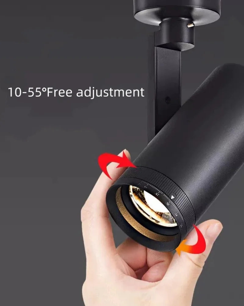 Luminária de Trilho LED COB Dimável para Teto, Spotlight com Ângulo Ajustável 10° a 55°, Sala de Jantar e Quarto