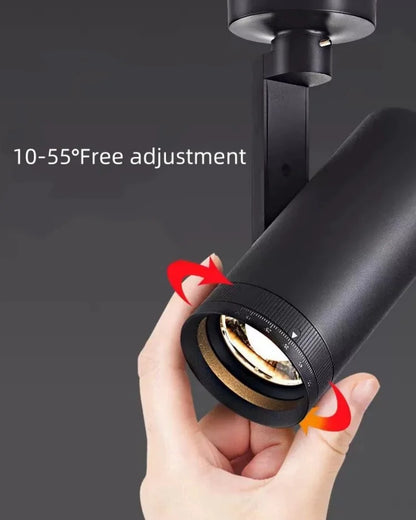 Luminária de Trilho LED COB Dimável para Teto, Spotlight com Ângulo Ajustável 10° a 55°, Sala de Jantar e Quarto