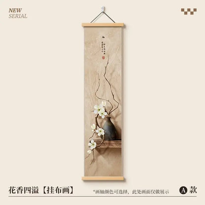 Pintura Decorativa Vertical Estilo Chinês Zen em Tecido Mural de Parede Premium