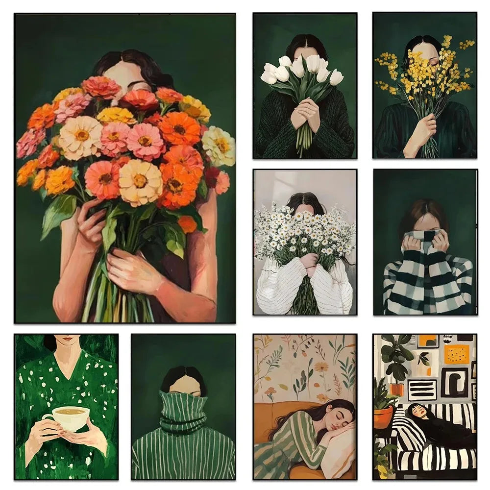 Quadro Em Tela Sem Moldura Abstrato Mulher Com Flores Para Sala Minimalista Nordic