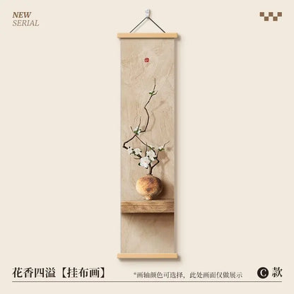 Pintura Decorativa Vertical Estilo Chinês Zen em Tecido Mural de Parede Premium