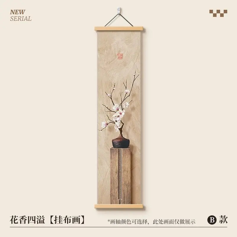 Pintura Decorativa Vertical Estilo Chinês Zen em Tecido Mural de Parede Premium
