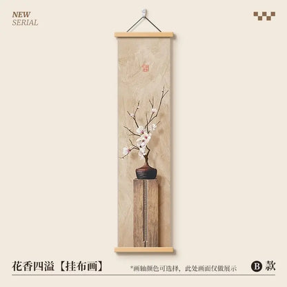 Pintura Decorativa Vertical Estilo Chinês Zen em Tecido Mural de Parede Premium