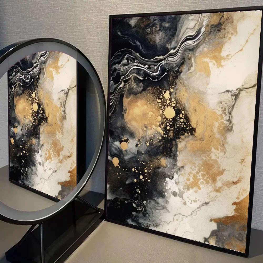 Pintura Abstrata em Tela Estilo Mármore Preto e Branco Minimalista para Decoração de Sala