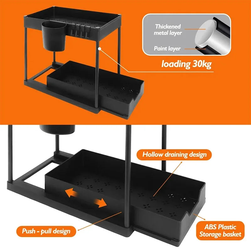 Organizador E Armazenamento Sob A Pia Com Gavetas Deslizantes Duplas E Prateleiras Multiuso Acesso Rápido