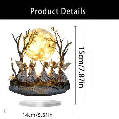 Ornamento Decorativo de Mesa Fadas Dançando sob a Lua Estilo Retrô em Plástico Resistente com Brilho Alegre