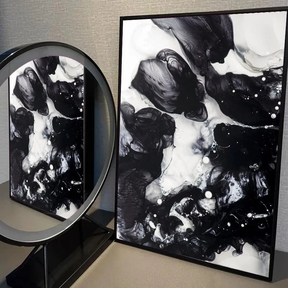 Pintura Abstrata em Tela Estilo Mármore Preto e Branco Minimalista para Decoração de Sala