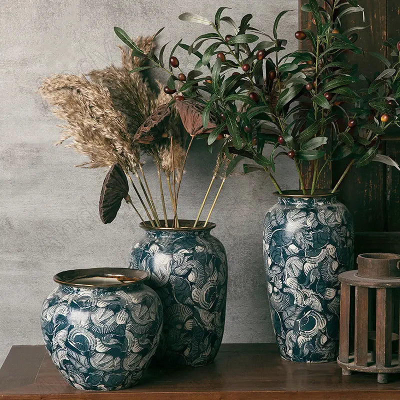 Vaso Porcelânico Decorativo Retrô Azul Branco para Sala