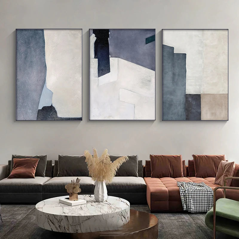 Quadro Decorativo Em Tela Azul Geométrico Para Sala