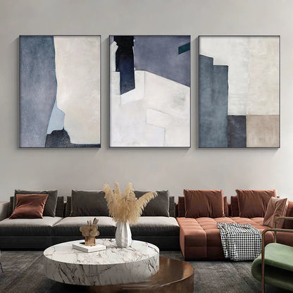 Quadro Decorativo Em Tela Azul Geométrico Para Sala