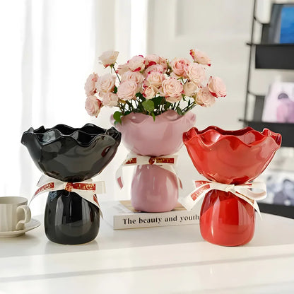 Vaso Cerâmica Rosa Em Flor Para Mesa Decorativo