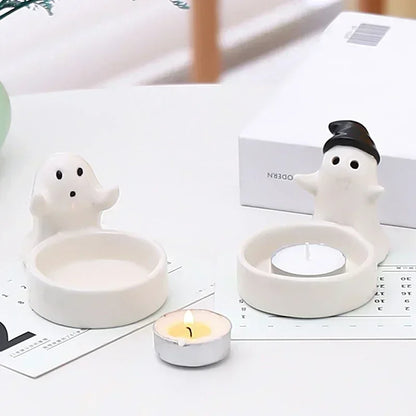 Castiçal Fantasma Decorativo para Halloween com Iluminação Suave e Acabamento Metálico