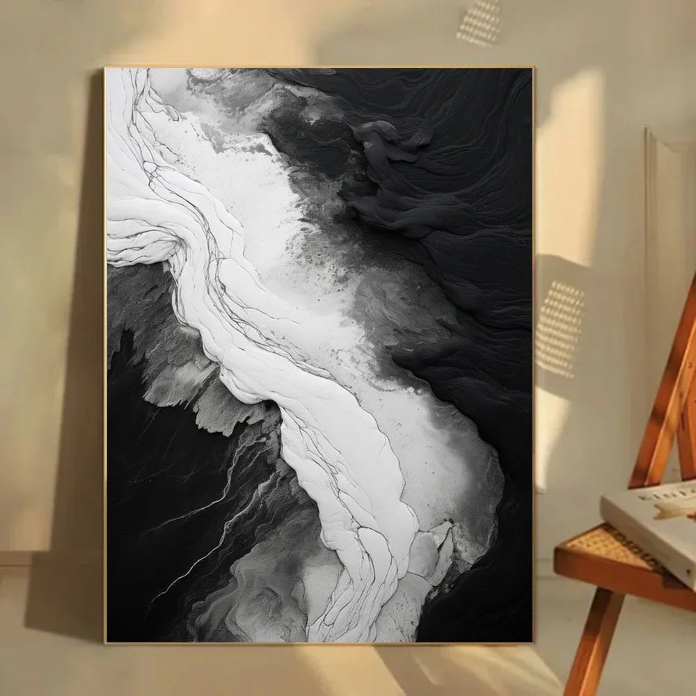 Pintura Abstrata em Tela Estilo Mármore Preto e Branco Minimalista para Decoração de Sala