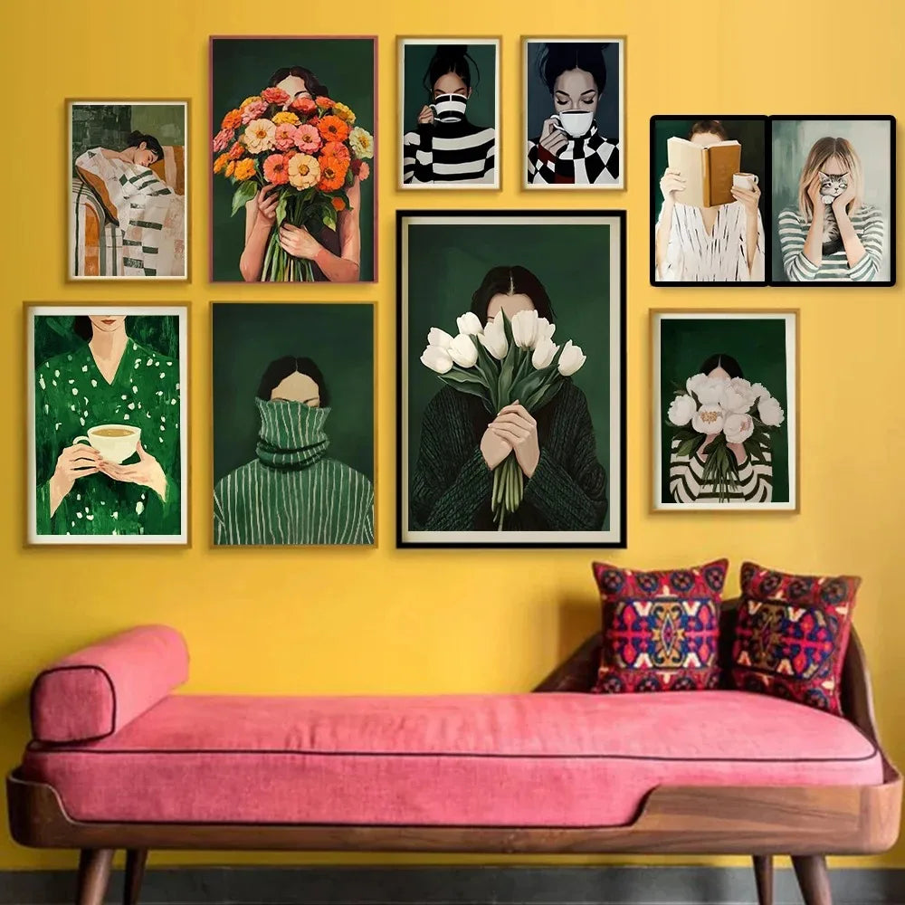 Quadro Em Tela Sem Moldura Abstrato Mulher Com Flores Para Sala Minimalista Nordic