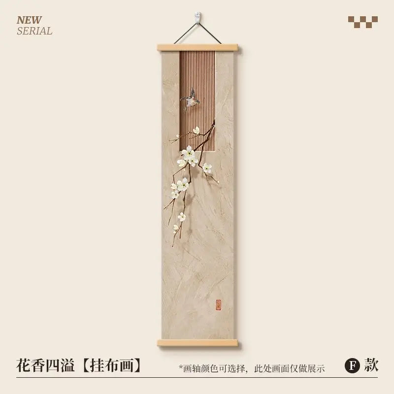 Pintura Decorativa Vertical Estilo Chinês Zen em Tecido Mural de Parede Premium
