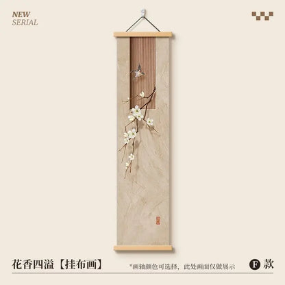 Pintura Decorativa Vertical Estilo Chinês Zen em Tecido Mural de Parede Premium