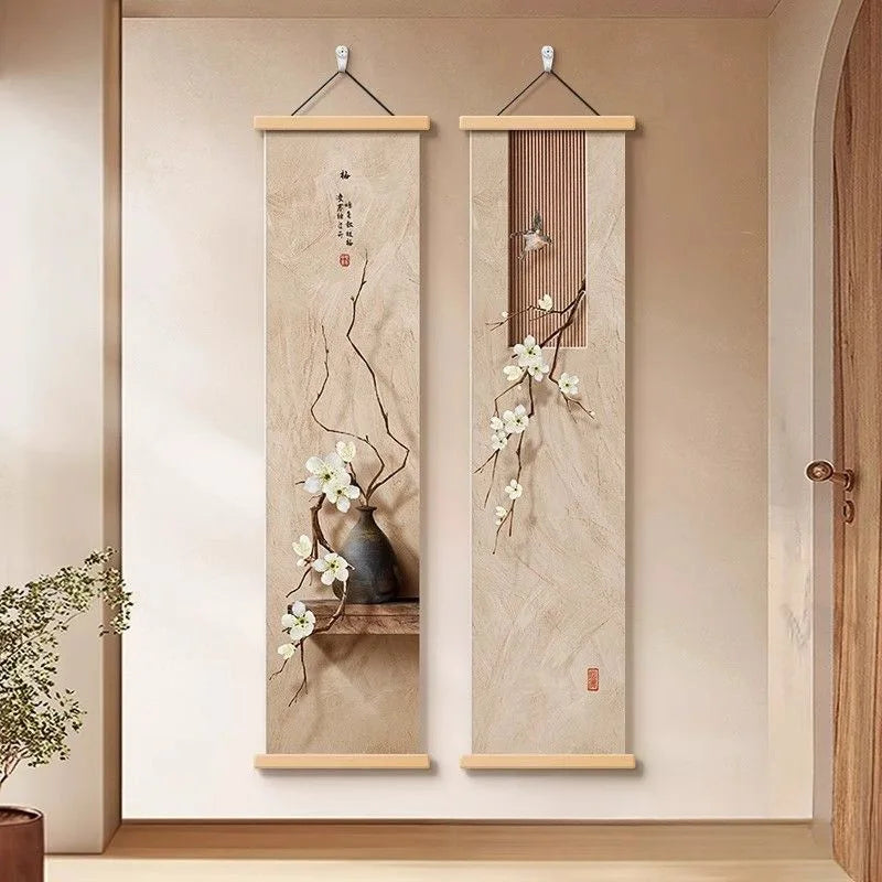 Pintura Decorativa Vertical Estilo Chinês Zen em Tecido Mural de Parede Premium