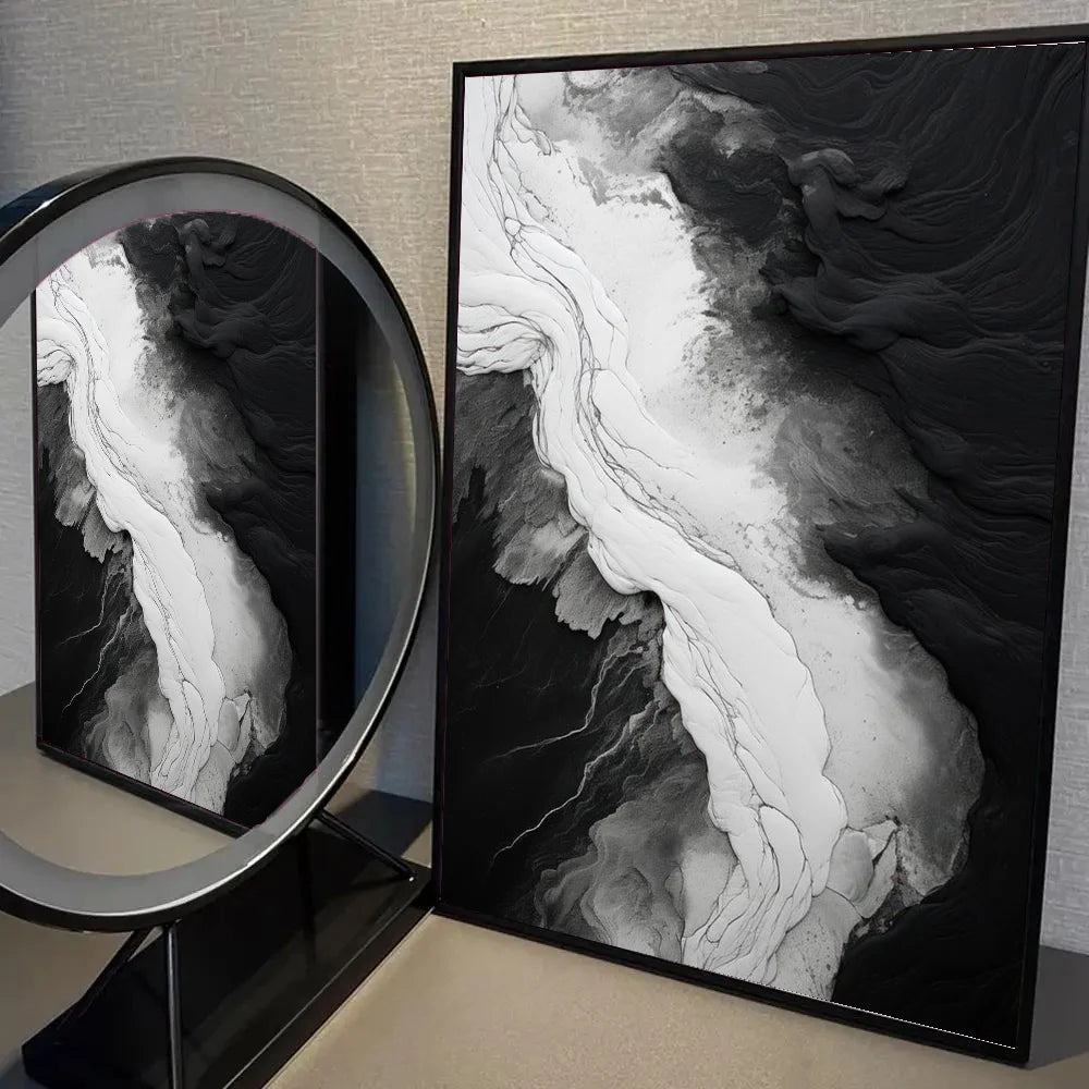 Pintura Abstrata em Tela Estilo Mármore Preto e Branco Minimalista para Decoração de Sala