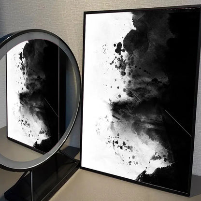 Pintura Abstrata em Tela Estilo Mármore Preto e Branco Minimalista para Decoração de Sala