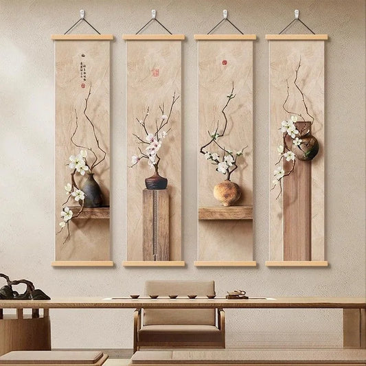 Pintura Decorativa Vertical Estilo Chinês Zen em Tecido Mural de Parede Premium