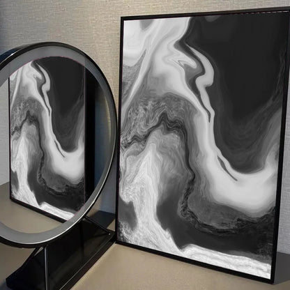 Pintura Abstrata em Tela Estilo Mármore Preto e Branco Minimalista para Decoração de Sala