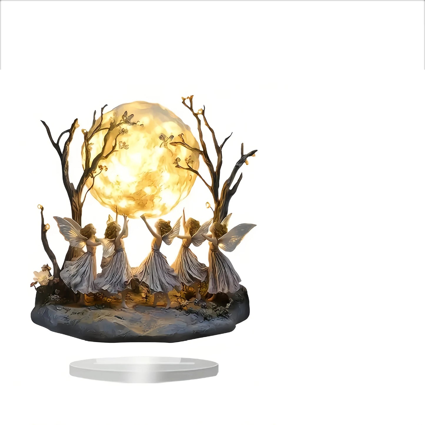 Ornamento Decorativo de Mesa Fadas Dançando sob a Lua Estilo Retrô em Plástico Resistente com Brilho Alegre