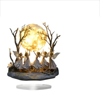 Ornamento Decorativo de Mesa Fadas Dançando sob a Lua Estilo Retrô em Plástico Resistente com Brilho Alegre